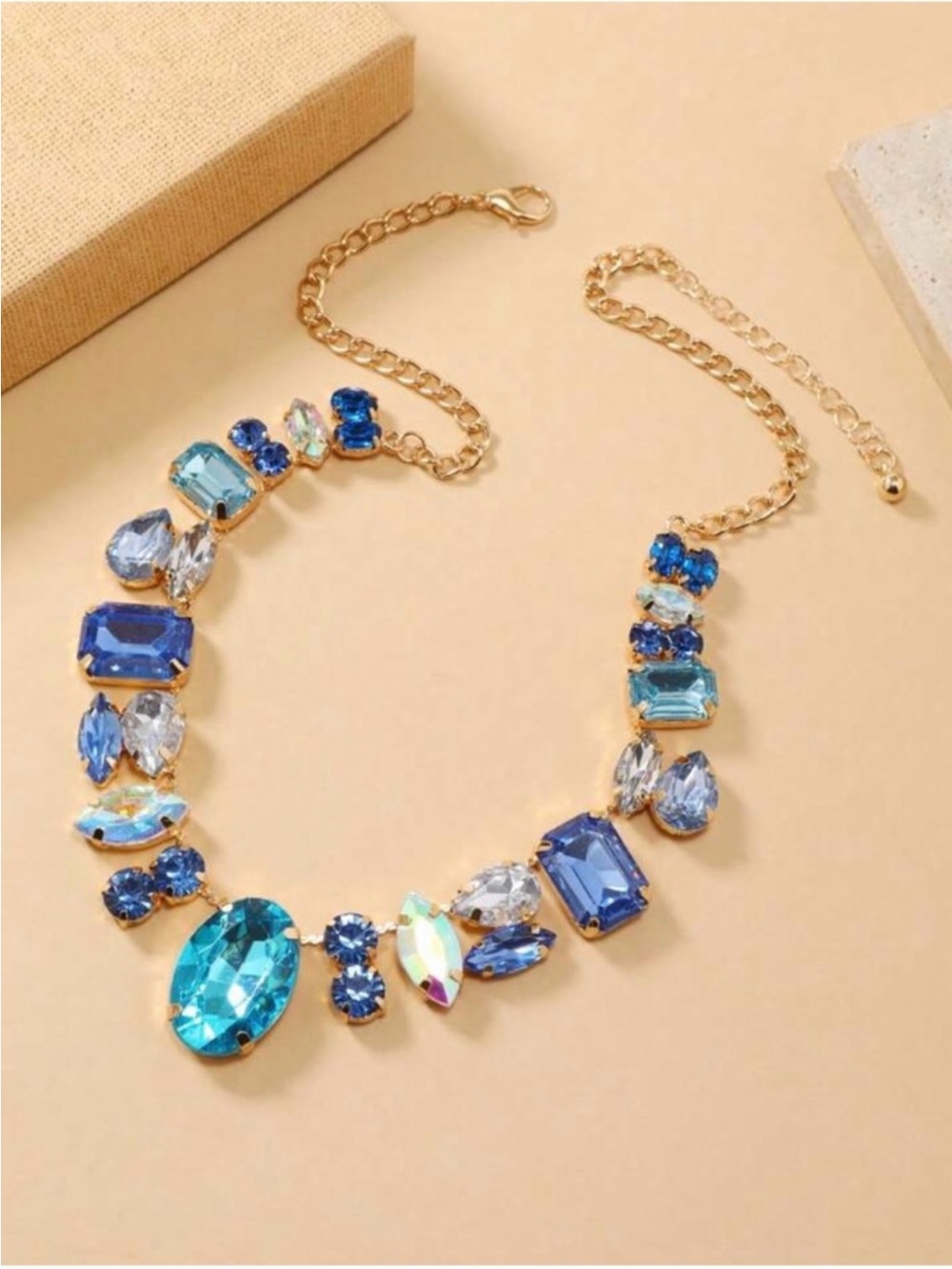 Gold-Chain Statement Necklace with Blue Crystal Accents new